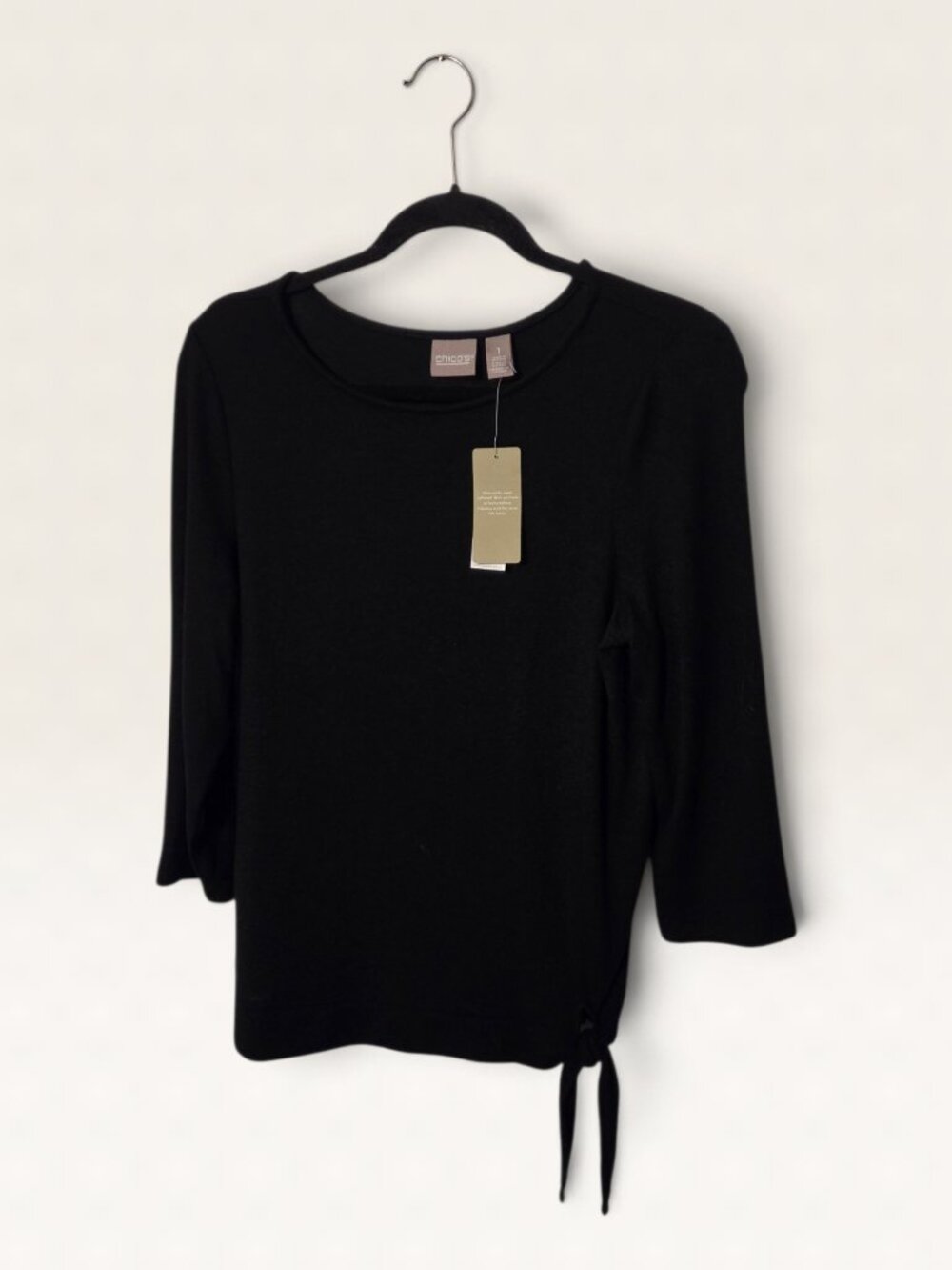 NWT Chico's Black Side Tie 3/4 Sleeve Knit Top Size 1 / M